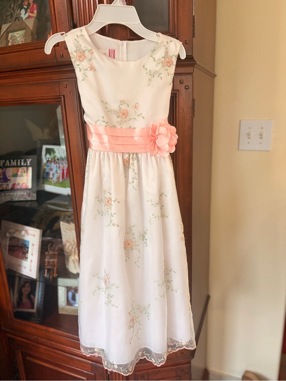 Girls White Dress with Peach Sash and Floral Embroidery